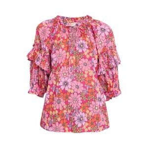 Ramy Brook Eugenia Blouse Size Medium Pink Maximalist Boho Colorful Ruffle